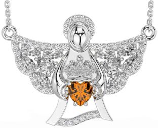 Diamond Citrine White Gold Claddagh Necklace