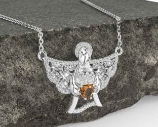 Diamond Citrine White Gold Claddagh Necklace