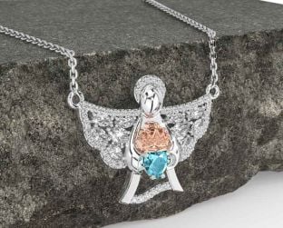 Diamond Aquamarine White Rose Gold Claddagh Necklace