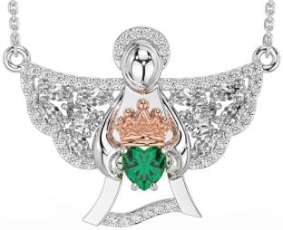 Diamond Emerald White Rose Gold Claddagh Necklace