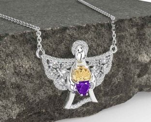 Diamond Amethyst White Yellow Gold Claddagh Necklace