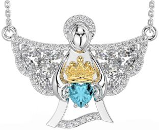 Diamond Aquamarine White Yellow Gold Claddagh Necklace