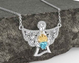 Diamond Aquamarine White Yellow Gold Claddagh Necklace