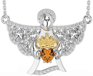 Diamond Citrine White Yellow Gold Claddagh Necklace