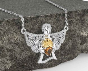 Diamond Citrine White Yellow Gold Claddagh Necklace