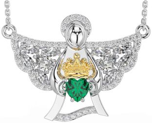 Diamond Emerald White Yellow Gold Claddagh Necklace