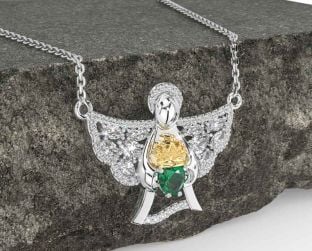 Diamond Emerald White Yellow Gold Claddagh Necklace