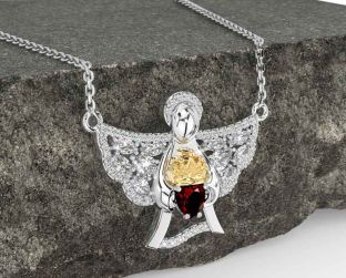 Diamond Garnet White Yellow Gold Claddagh Necklace