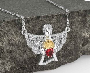 Diamond Ruby White Yellow Gold Claddagh Necklace