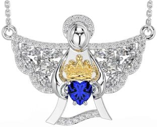 Diamond Sapphire White Yellow Gold Claddagh Necklace