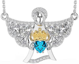 Diamond Topaz White Yellow Gold Claddagh Necklace