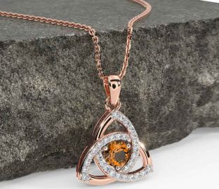 Diamond Citrine Rose Gold Silver Celtic Trinity Knot Necklace