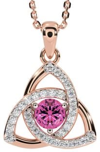 Diamond Pink Tourmaline Rose Gold Silver Celtic Trinity Knot Necklace