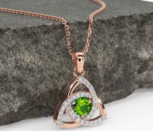 Diamond Peridot Rose Gold Silver Celtic Trinity Knot Necklace