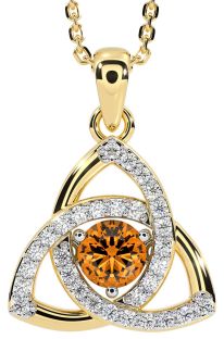 Diamond Citrine Gold Silver Celtic Trinity Knot Necklace