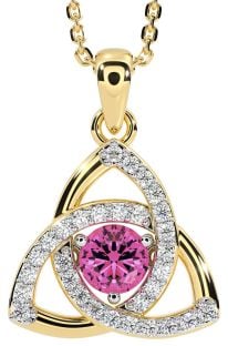 Diamond Pink Tourmaline Gold Silver Celtic Trinity Knot Necklace