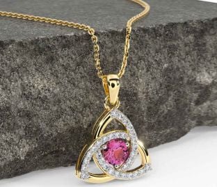 Diamond Pink Tourmaline Gold Silver Celtic Trinity Knot Necklace