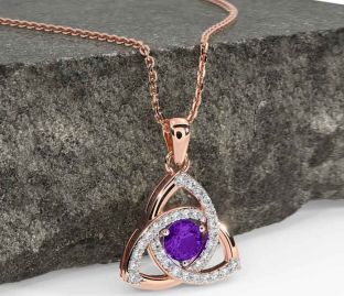 Diamond Amethyst Rose Gold Celtic Trinity Knot Necklace