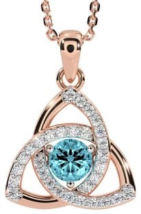 Diamond Aquamarine Rose Gold Celtic Trinity Knot Necklace