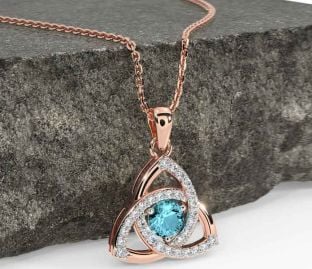 Diamond Aquamarine Rose Gold Celtic Trinity Knot Necklace
