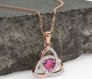 Diamond Pink Tourmaline Rose Gold Celtic Trinity Knot Necklace