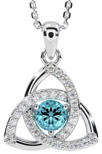 Diamond Aquamarine Silver Celtic Trinity Knot Necklace