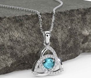 Diamond Aquamarine Silver Celtic Trinity Knot Necklace