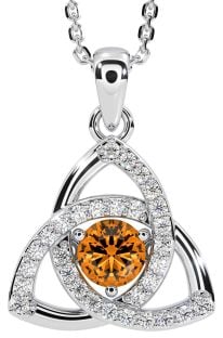 Diamond Citrine Silver Celtic Trinity Knot Necklace