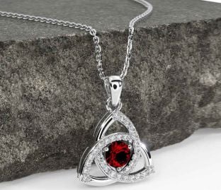 Diamond Garnet Silver Celtic Trinity Knot Necklace
