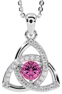 Diamond Pink Tourmaline Silver Celtic Trinity Knot Necklace