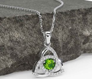 Diamond Peridot Silver Celtic Trinity Knot Necklace