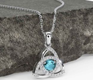 Diamond Aquamarine White Gold Celtic Trinity Knot Necklace