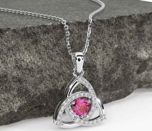 Diamond Pink Tourmaline White Gold Celtic Trinity Knot Necklace