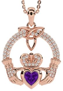 Diamond Amethyst Rose Gold Silver Claddagh Trinity knot Necklace