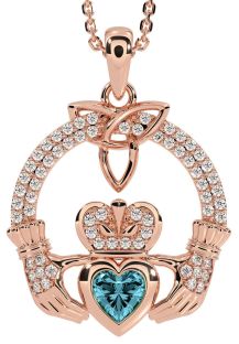 Diamond Aquamarine Rose Gold Silver Claddagh Trinity knot Necklace