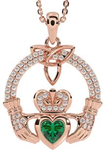 Diamond Emerald Rose Gold Silver Claddagh Trinity knot Necklace