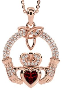 Diamond Garnet Rose Gold Silver Claddagh Trinity knot Necklace