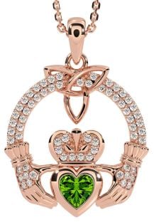 Diamond Peridot Rose Gold Silver Claddagh Trinity knot Necklace
