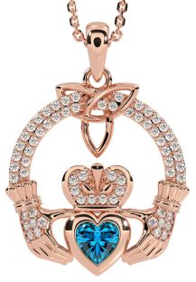 Diamond Topaz Rose Gold Silver Claddagh Trinity knot Necklace
