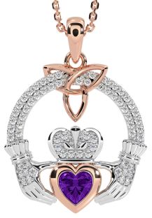 Diamond Amethyst Rose Gold Silver Claddagh Trinity knot Necklace