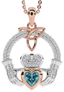 Diamond Aquamarine Rose Gold Silver Claddagh Trinity knot Necklace