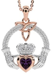 Diamond Alexandrite Rose Gold Silver Claddagh Trinity knot Necklace