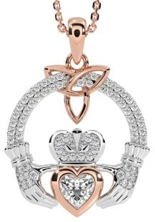 Diamond Rose Gold Silver Claddagh Trinity knot Necklace