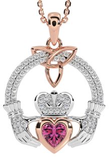 Diamond Pink Tourmaline Rose Gold Silver Claddagh Trinity knot Necklace