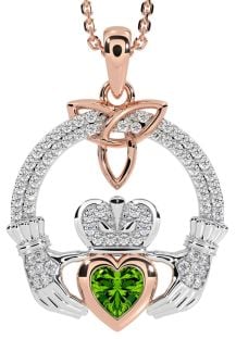 Diamond Peridot Rose Gold Silver Claddagh Trinity knot Necklace