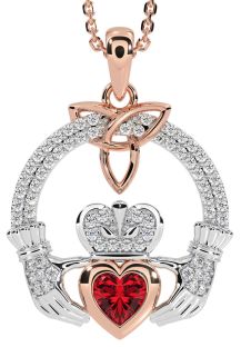 Diamond Ruby Rose Gold Silver Claddagh Trinity knot Necklace