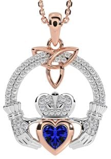 Diamond Sapphire Rose Gold Silver Claddagh Trinity knot Necklace