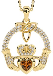 Diamond Citrine Gold Silver Claddagh Trinity knot Necklace
