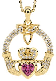 Diamond Pink Tourmaline Gold Silver Claddagh Trinity knot Necklace