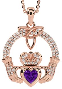 Diamond Amethyst Rose Gold Claddagh Trinity knot Necklace